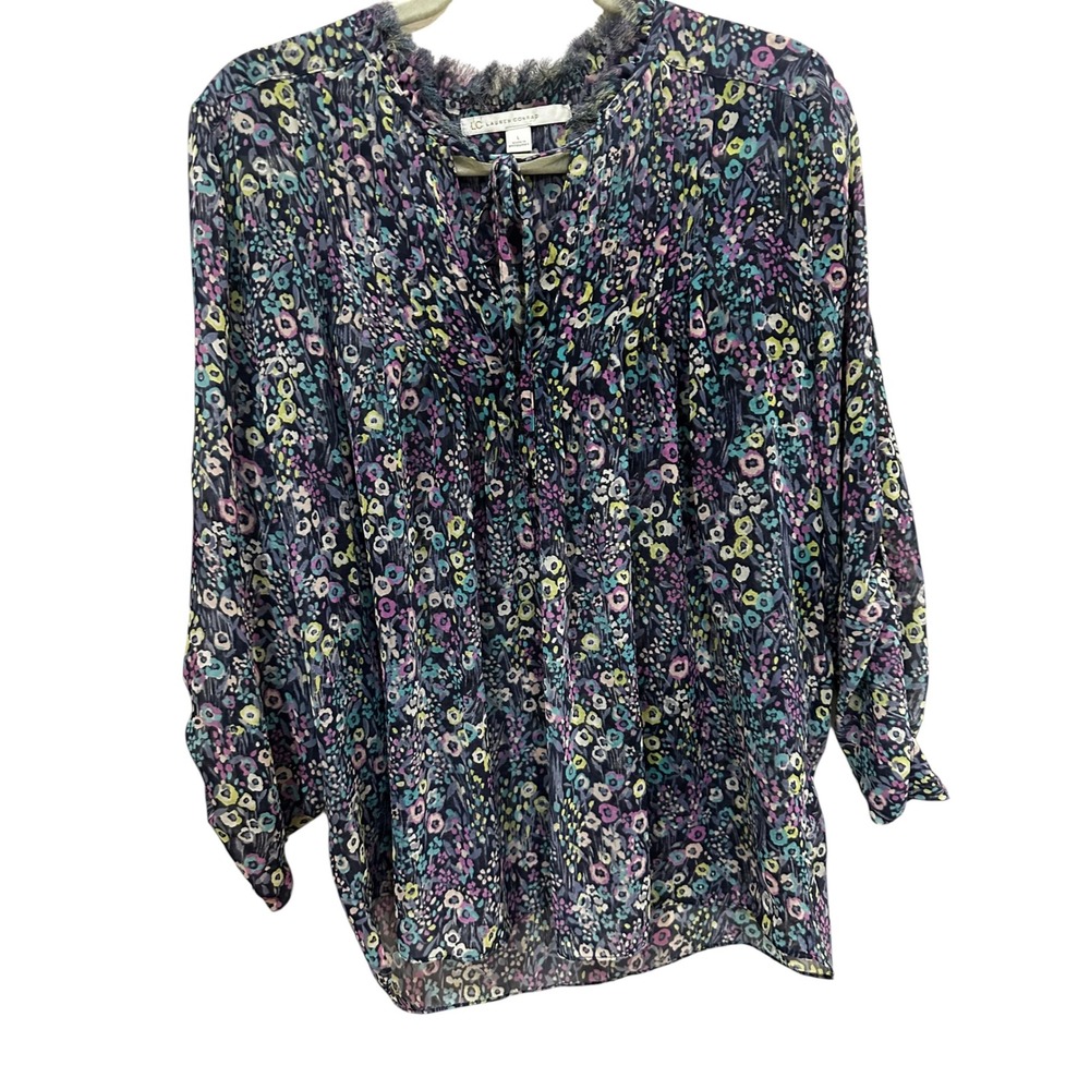 LC Lauren Conrad Floral Pleated Tie Neck Blouse Purple Blue Yellow Fringe Trim L